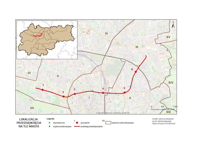 Mapa pierwszego planowanego odcinka metra w Krakowie