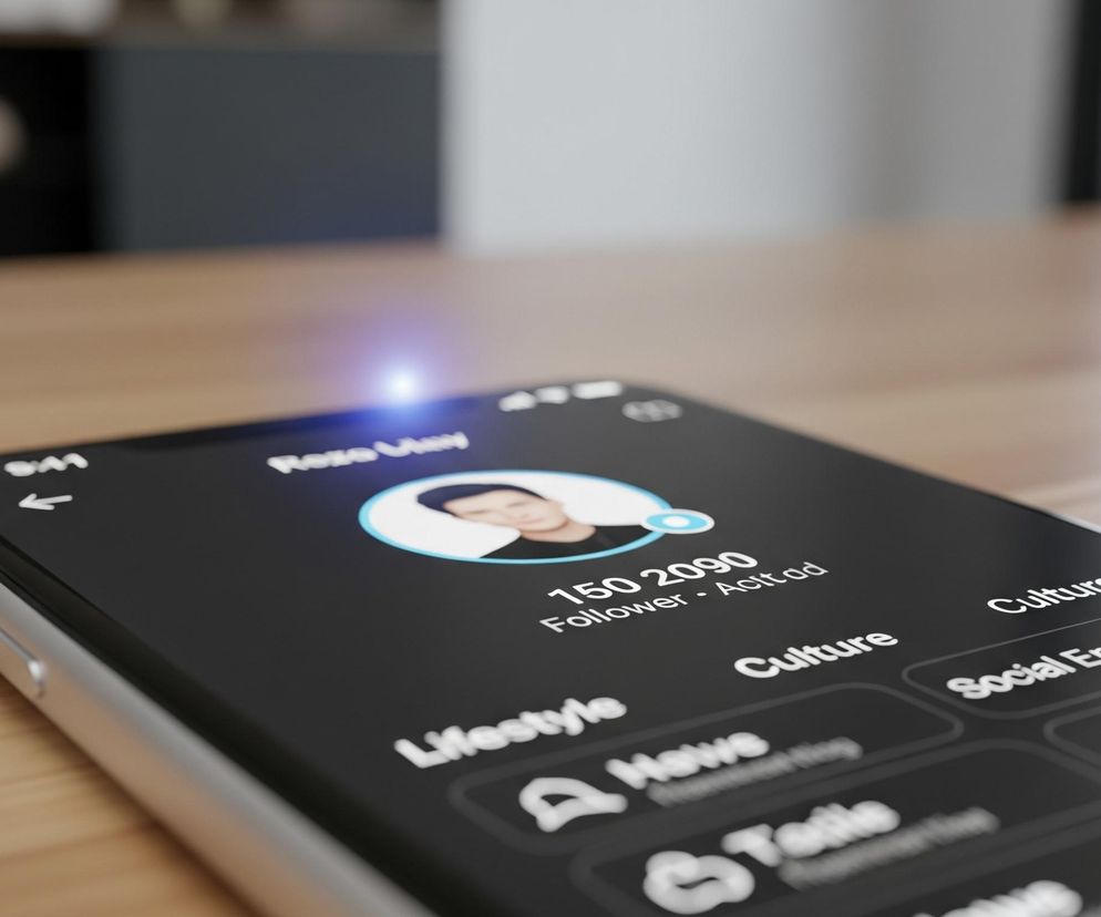 Smartfon leży na drewnianej powierzchni, ukazując ekran z ciemnym interfejsem użytkownika. Na ekranie widać profil osoby z okrągłym zdjęciem portretowym mężczyzny w białym obramowaniu i niebieskim podświetleniem na górze, obok którego widnieje napis Rose May. Poniżej znajduje się duża liczba 150 2090 oraz tekst Follower - Acct.ad, a pod nim, w dolnej części ekranu, widoczne są etykiety kategorii takie jak Lifestyle, Culture, Social Engagement, Howe, Talks i Onclog demete w białych, zaokrąglonych prostokątach. Tło obrazu jest rozmazane, przedstawiając niewyraźne elementy wnętrza, głównie w odcieniach szarości i bieli.