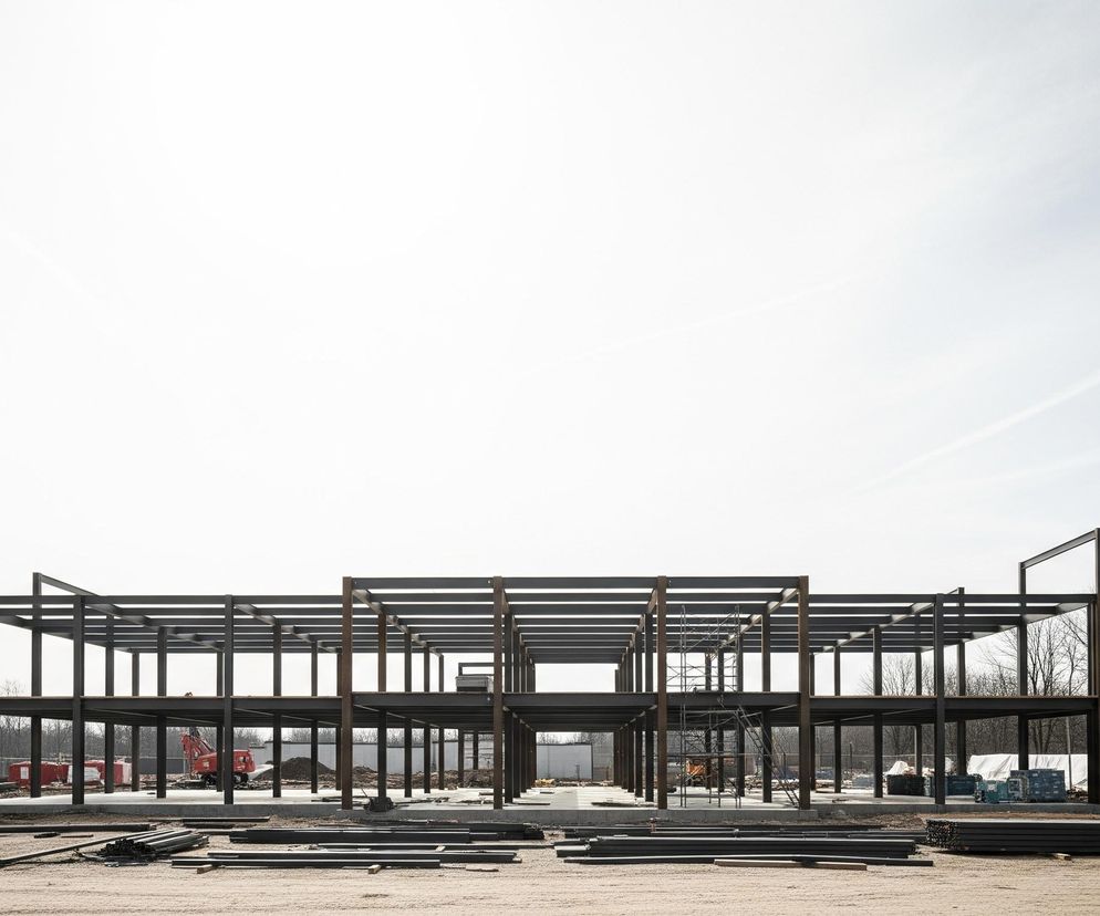 Centralnie na obrazie znajduje się szkielet budowanego obiektu, składający się z poziomych i pionowych stalowych belek o ciemnej, matowej powierzchni. Konstrukcja posiada dwa widoczne piętra i rozciąga się wzdłuż kadru, z wyraźnym prześwitem w środkowej części na obu poziomach. U dołu kadru, na piaszczystym podłożu, leżą ułożone w stosy ciemne, prostokątne profile stalowe oraz inne materiały budowlane. W tle, za szkieletem budowy, widać nagie drzewa, a po lewej stronie pomarańczową koparkę. Niebo jest jasne, częściowo zachmurzone smugami, zajmując ponad połowę górnej części obrazu.