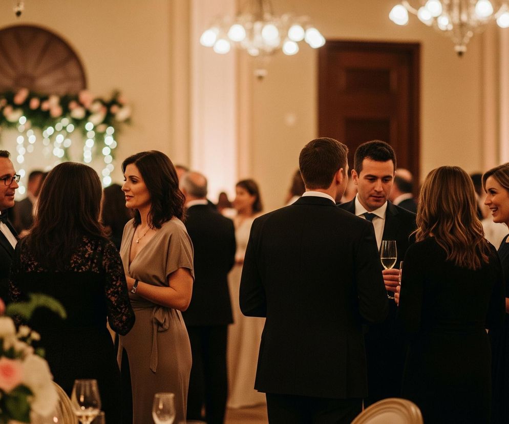 W eleganckiej sali o ciepłym, beżowym oświetleniu, widoczna jest grupa ludzi ubranych formalnie, prowadzących swobodne rozmowy. W centrum kadru po prawej stronie mężczyzna w czarnym garniturze z krawatem, trzymając kieliszek z winem, rozmawia z dwiema kobietami w ciemnych sukienkach. Po lewej stronie, mężczyzna w okularach i czarnym smokingu, uśmiecha się podczas konwersacji z inną kobietą w ciemnej sukience oraz kobietą w jasnobrązowej sukience z dekoltem kopertowym. Na pierwszym planie po lewej, rozmazane dekoracje stołowe z białymi i różowymi kwiatami oraz zapalone świece, dodają uroku scenie.