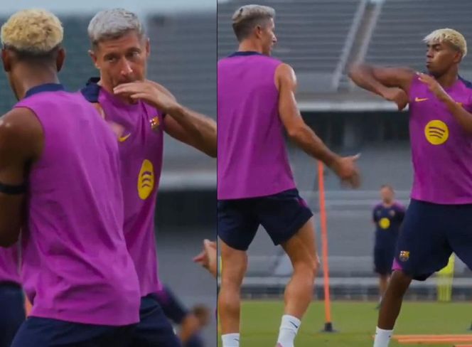Robert Lewandowski i Lamine Yamal na treningu