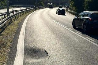 Zapadlisko na popularnej trasie. Wyłączono jeden pas ruchu. Na miejscu pracują strażacy