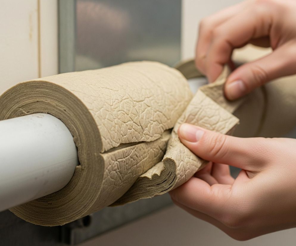 Główny plan przedstawia zbliżenie na brązowy papier toaletowy nawinięty na białą rurkę, zamocowaną w uchwycie. Dłonie osoby odwijają i rwą kawałek papieru. Papier ma widoczną, teksturowaną powierzchnię z nieregularnymi wgłębieniami, a jego brzegi są postrzępione. Tło jest jasne i rozmyte, co dodatkowo podkreśla centralny obiekt.