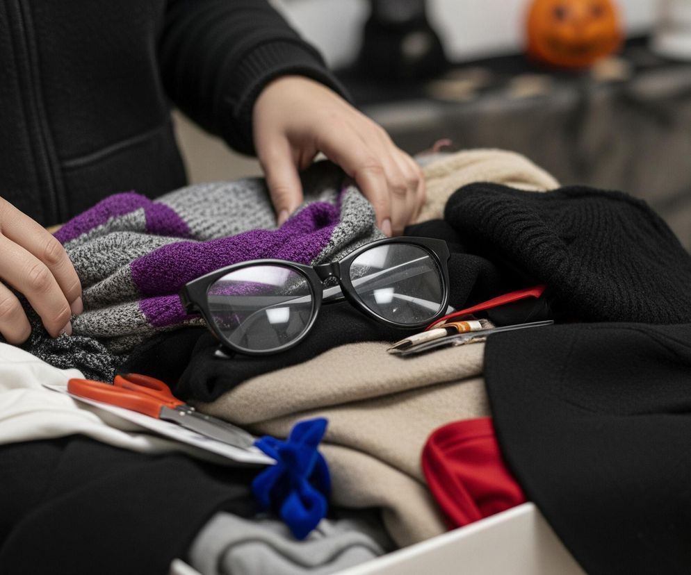 W centralnej części obrazu widoczne są dłonie osoby w czarnym swetrze, która układa różnorodne ubrania i akcesoria w białym pudełku. Pudełko wypełnione jest złożonymi elementami odzieży w kolorach szarym, fioletowym, czarnym, beżowym, białym i czerwonym. Na wierzchu stosu leżą czarne okulary korekcyjne, nożyczki z pomarańczowymi rączkami oraz niebieska kokarda. W tle, po prawej stronie, widać rozmazany pomarańczowy kształt przypominający dynię oraz ciemny materiał, prawdopodobnie obrus.