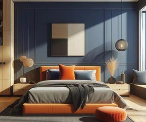 Granatowa ściana w sypialni, pomarańczowy zagłówek łóżka i jasne meble