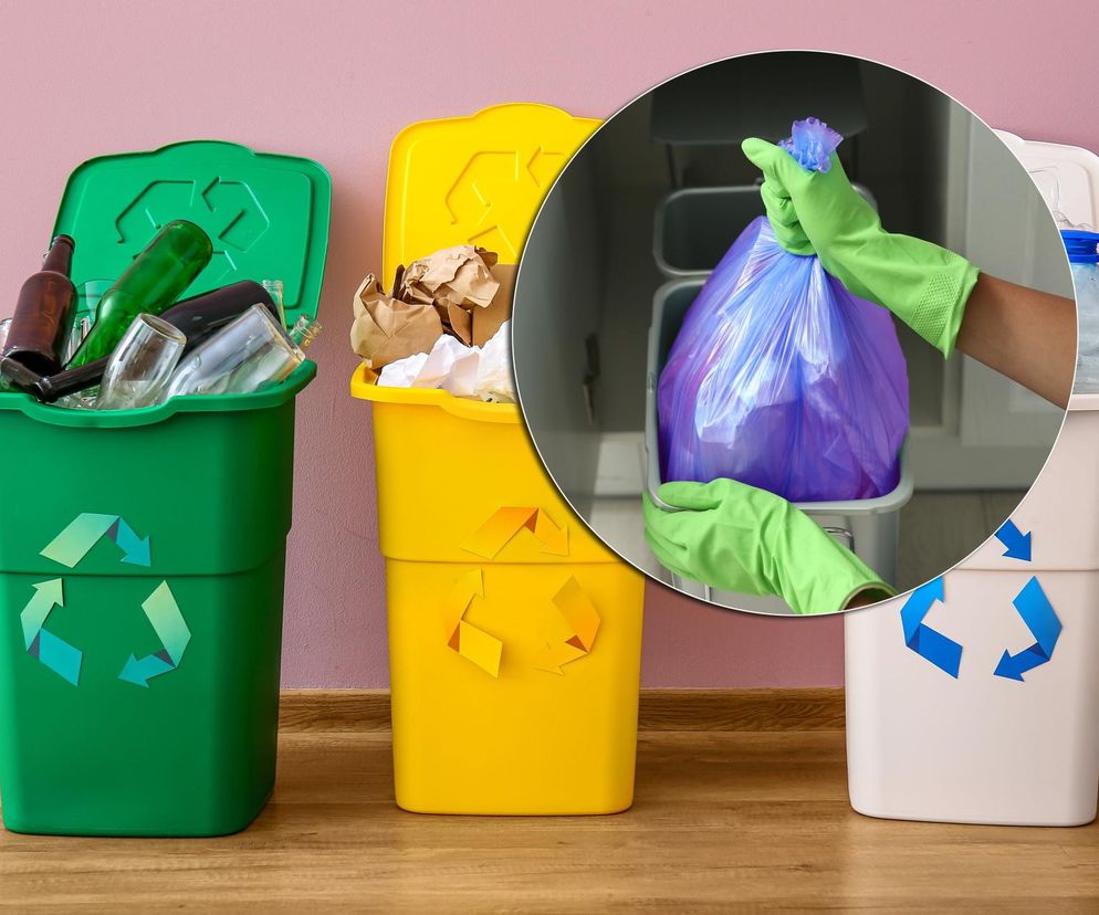 Kolorowe pojemniki do segregacji odpadów: zielony na szkło, żółty na papier, beżowy na plastik, z wstawką osoby w zielonych rękawiczkach trzymającej fioletowy worek na tekstylia, symbolizujący nowy system w Kielcach. Więcej o recyklingu na Super Biznes.