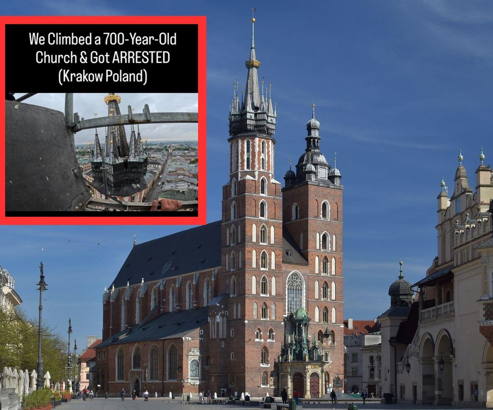 Dwóch nastolatków wspięło się po rusztowaniu na wieżę Bazyliki Mariackiej w Krakowie. Wyczyn chcieli pokazać w sieci [WIDEO]
