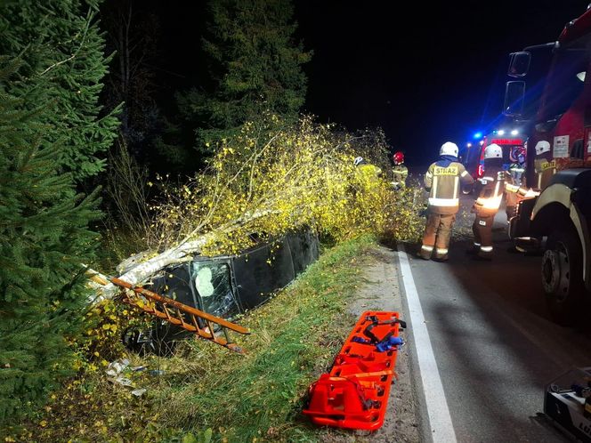 Auto wbiło się w przydrożne drzewo. Strażacy wycinali szybę piłą szablastą 