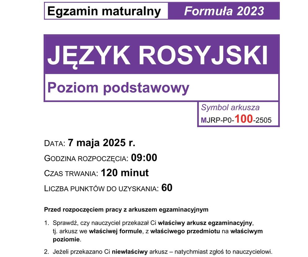 Matura 2025: rosyjski 7.05.2025. Arkusze CKE i odpowiedzi. Poziom podstawowy [Formuła 2023]	