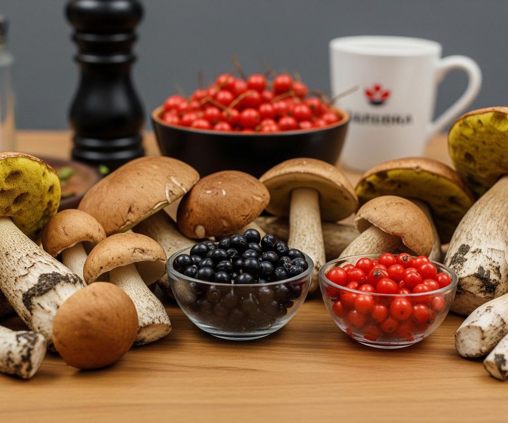 Stół z jasnobrązowego drewna pokryty jest grzybami i jagodami, z dodatkowymi akcesoriami w tle. Grzyby mają białe lub kremowe trzonki z ciemniejszymi plamami i brązowe kapelusze, niektóre z jasnożółtymi spodami. Pośrodku znajdują się dwie małe szklane miseczki, jedna wypełniona ciemnymi jagodami, a druga czerwonymi. W tle, na lewo, widoczna jest szklana solniczka i czarny młynek, a na prawo ceramiczny kubek z uchwytem i rozmazanym czerwonym logo.