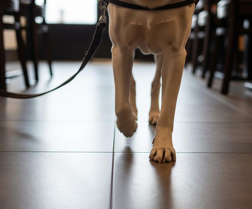 Pies o beżowej sierści, idący na ciemnej smyczy przypiętej do obroży, zbliża się do widza. Widoczne są jego przednie łapy, gdzie prawa stoi na płytkach, a lewa jest uniesiona w ruchu. Podłoga składa się z dużych, brązowych kwadratowych płytek, które odbijają światło, tworząc refleksy, szczególnie widoczne pod łapami psa. W tle znajdują się rozmyte sylwetki ciemnych krzeseł, wskazujące na wnętrze kawiarni lub restauracji.