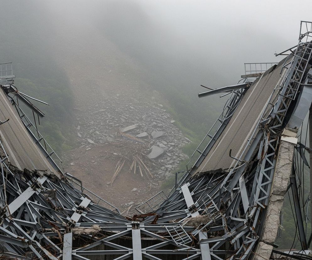 Zniszczony most lub wiadukt dominują na pierwszym planie, jego struktura metalowa i betonowa jest mocno uszkodzona i częściowo zawalona. Dwa rozdzielone fragmenty jezdni, pokryte szarym asfaltem, opadają stromo w dół, otoczone poskręcanymi, srebrnymi elementami konstrukcji stalowej i prętami zbrojeniowymi. W tle rozciąga się mglisty krajobraz z nagim zboczem, pokrytym gruzem i rozsypanymi kamieniami, oraz fragmentami zielonej roślinności widocznymi po bokach.