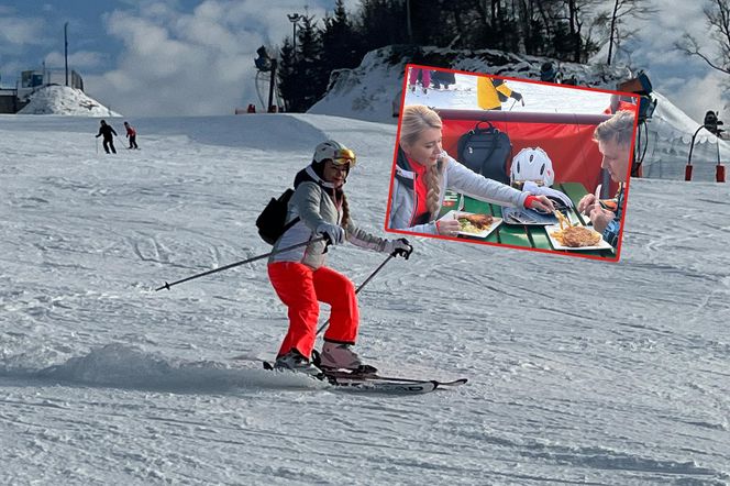 Na nartach podjadała mężowi frytki