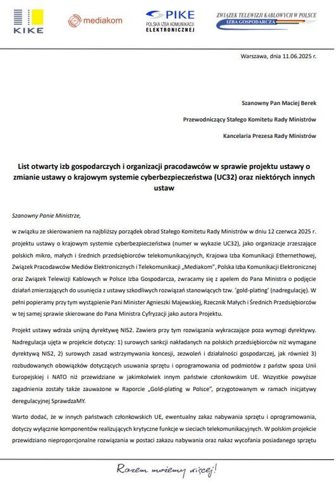 List otwarty izb gospodarczych i organizacji pracodawców w sprawie projektu ustawy o zmianie ustawy o krajowym systemie cyberbezpieczeństwa (UC32) oraz niektórych innych ustaw