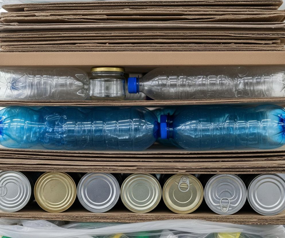 Wysoki stos różnego rodzaju śmieci przygotowanych do recyklingu, ułożony warstwami na brązowych tekturowych płytach. Na górze stosu leżą kolejne warstwy tektury, pod nimi widać dwie przezroczyste plastikowe butelki z niebieskimi zakrętkami i mały, przezroczysty szklany słoik ze złotą nakrętką. Niżej znajdują się dwie większe, niebieskie plastikowe butelki z niebieskimi zakrętkami, a pod nimi rząd siedmiu metalowych puszek w kolorach srebrnym i złotym. Cały stos spoczywa na przezroczystej, zgniecionej folii plastikowej, a tło jest jasne i rozmyte, ukazując niewyraźne kształty innych worków z recyklingiem.