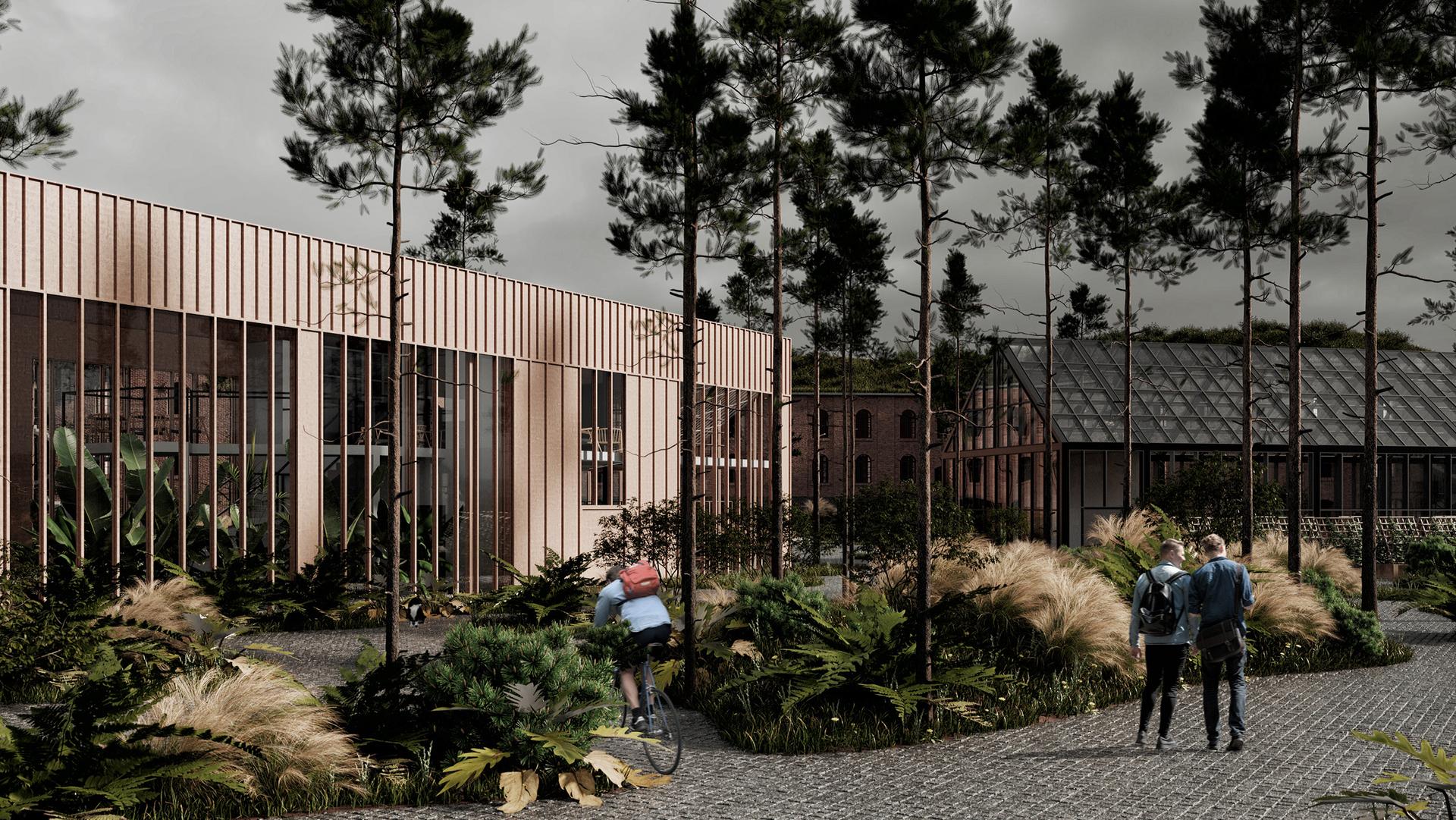 Widok na obiekty towarzyszące – po lewej ogród ze sklepem i kawiarną, po prawej szklarnia ze sklepem