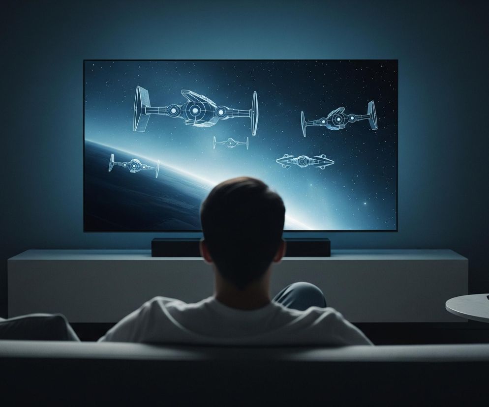 Osoba siedzi tyłem do widza na sofie, oglądając duży telewizor z płaskim ekranem wyświetlający kosmiczną scenę. Na ekranie widać pięć niebiesko-białych, schematycznych statków kosmicznych, przypominających myśliwce, unoszących się na tle błękitnej planety i rozgwieżdżonej przestrzeni. Pod telewizorem znajduje się czarny soundbar, umieszczony na białej, prostej szafce. Po prawej stronie sofy stoi mały, okrągły stolik z pilotem. Całe pomieszczenie jest utrzymane w ciemnych, niebieskich i szarych tonacjach, a jedynym wyraźnym źródłem światła jest ekran telewizora.