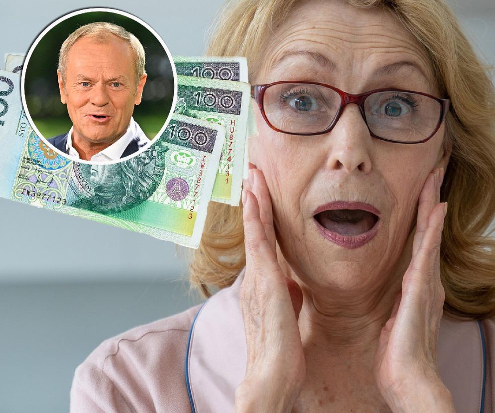 Starsza kobieta w okularach, wyrażająca zdziwienie.  W tle portret Donalda Tuska oraz banknoty 100 złotych.  Ilustracja do artykułu na Super Biznes o zaskakująco niskiej waloryzacji emerytur w 2027 roku, zgodnie z decyzją rządu.  Więcej szczegółów na temat kwot podwyżek znajdziesz na Super Biznes.