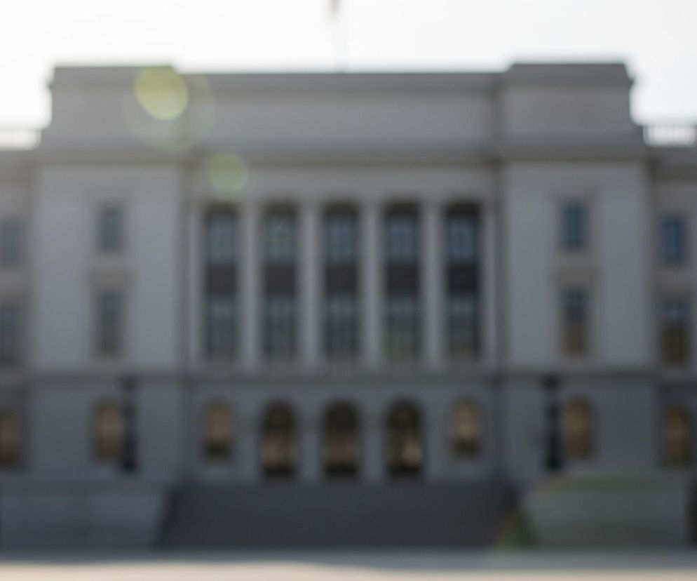 Przedstawiony jest duży, symetryczny budynek o jasnej elewacji, lekko rozmyty i nieostry, co tworzy efekt bokeh. Centralna część budynku posiada szereg pionowych elementów przypominających kolumny lub pilastry, między którymi widać ciemne, podłużne wnęki lub okna. Poniżej nich znajdują się zaokrąglone otwory wejściowe lub okienne. Po bokach centralnej części rozciągają się skrzydła z rzędami prostokątnych okien, a na dachu widoczne są elementy dekoracyjne lub balustrada. Od lewej strony obrazu, w górnej części, widać jasne, okrągłe odblaski światła.