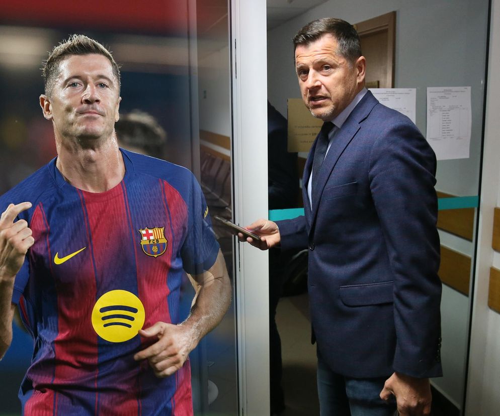 Robert Lewandowski w koszulce FC Barcelona, na drugim planie Cezary Kucharski w marynarce. Temat ich współpracy i zarobków piłkarza przeczytasz na naszym portalu.