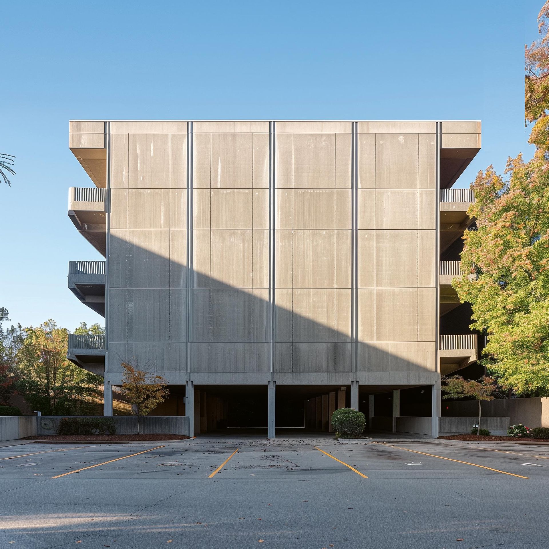 Midjourney 6.1; efekty pracy sztucznej inteligencji po wpisaniu promptu: Photo  of architecture, three-storey parking lot in the style of Thomas Jefferson