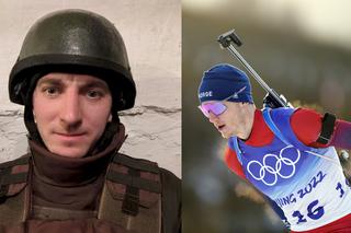 Biatlonista z Norwegii strzela do tarczy, a jego rywal z Ukrainy – do Rosjan