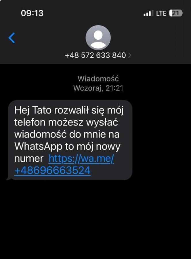 Fałszywy SMS z linkiem, który otrzymał gliwicki policjant