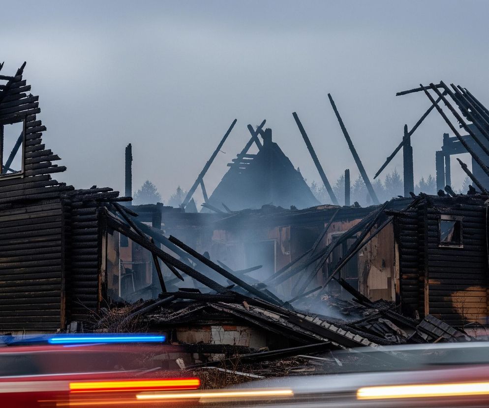 Zniszczony, spalony dom dominująco czarny, z widoczną częściowo spaloną konstrukcją dachu i ścian. Z wnętrza unoszą się smugi białego dymu. W tle widoczna jest linia drzew iglastych i liściastych, a niebo jest zachmurzone i szare. Na pierwszym planie, w dolnej części obrazu, rozmazane są smugi światła w kolorach czerwonym, pomarańczowym i niebieskim, sugerujące przejazd pojazdu z włączonymi światłami awaryjnymi lub sygnalizacyjnymi.