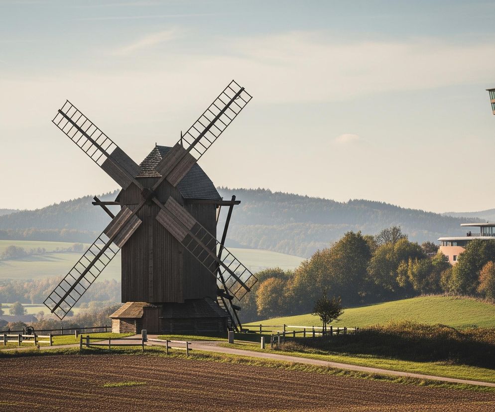 Drewniany wiatrak z czterema masywnymi skrzydłami dominuje w lewej części kadru, jego ciemne deski kontrastują z jasnym, błękitnym niebem. Po prawej stronie wznosi się nowoczesna wieża widokowa z przeszkloną górną częścią i zewnętrznymi schodami, otoczona drzewami o jesiennych liściach. Na pierwszym planie widoczne jest zaorane pole w odcieniach brązu, oddzielone od zielonych pastwisk wąską, asfaltową ścieżką i drewnianym płotem. W tle rozciągają się pofalowane wzgórza pokryte lasami, częściowo spowite delikatną mgłą.