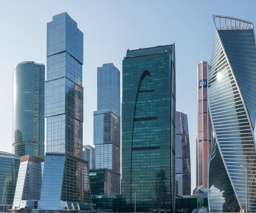 Dominują wysokie, nowoczesne wieżowce o szklanych fasadach, odbijających błękitne niebo. Na pierwszym planie po prawej stronie wznosi się spiralny drapacz chmur o biało-niebieskiej elewacji. W tle widoczne są wieże w budowie z widocznymi elementami konstrukcyjnymi i żurawiami budowlanymi. Całość kompozycji wypełnia bezchmurne, jasne niebo.