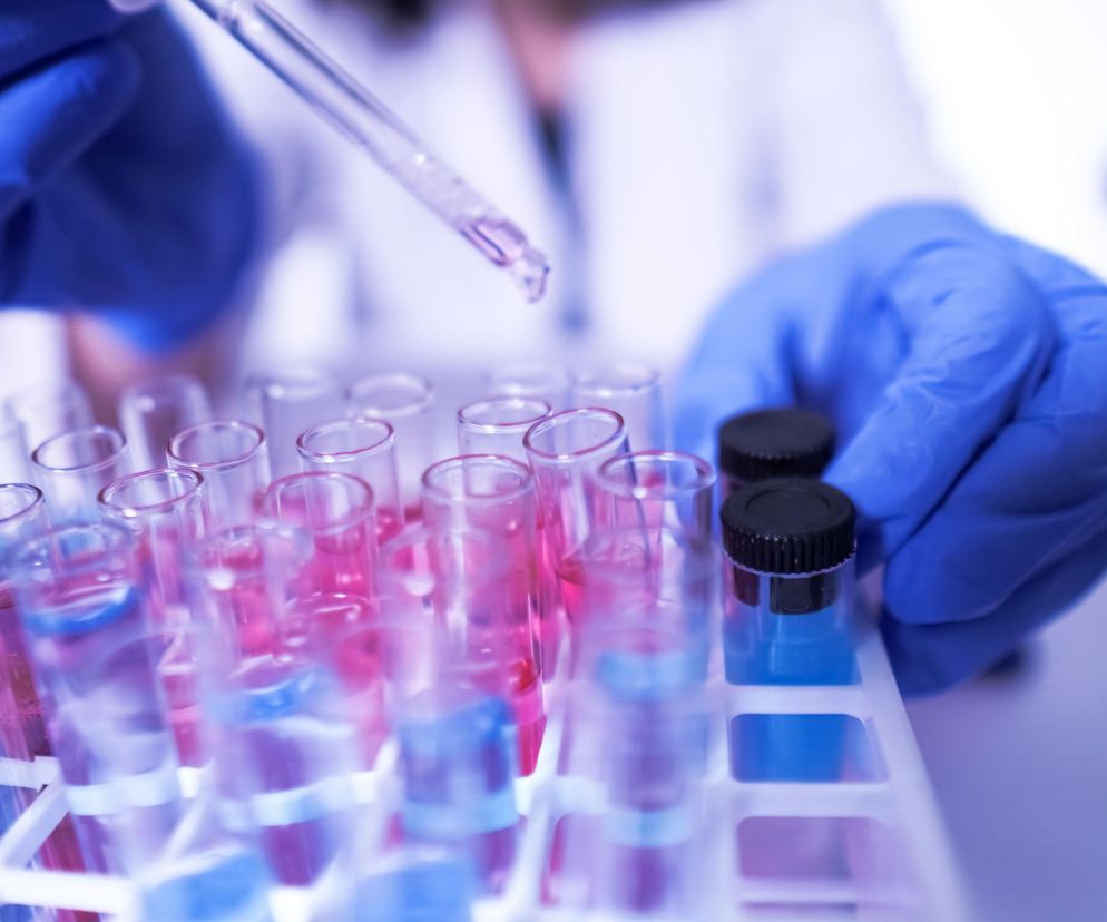 Osoba w niebieskich rękawiczkach laboratoryjnych trzyma pipetę, z której do probówki kapie różowa ciecz, obok niej stoją inne probówki wypełnione płynami w różnych odcieniach różu i błękitu. Widoczna jest praca laboratoryjna nad lekiem na koronawirusa. Więcej o badaniach przeczytasz na Poradnik Zdrowie.