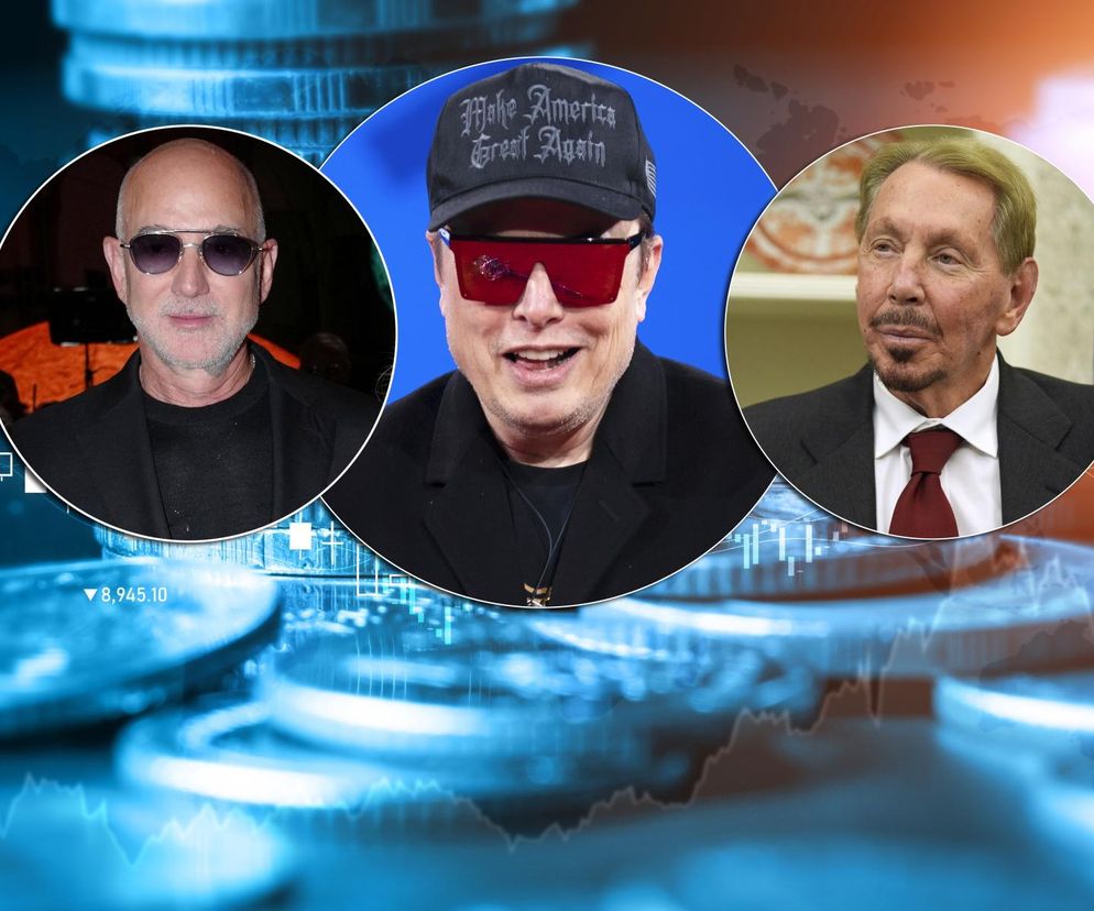 Portrety trzech mężczyzn: Jeffa Bezosa w okularach przeciwsłonecznych, Elona Muska w czapce Make America Great Again i Larry'ego Ellisona w garniturze z krawatem, na tle wizualizacji danych giełdowych i monet. O tym, jak najbogatsi Amerykanie gromadzą fortuny, przeczytasz na Super Biznes.
