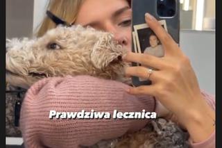 Iga Krefft (Ula z M jak miłość) i jej pies Pinio na planie serialu