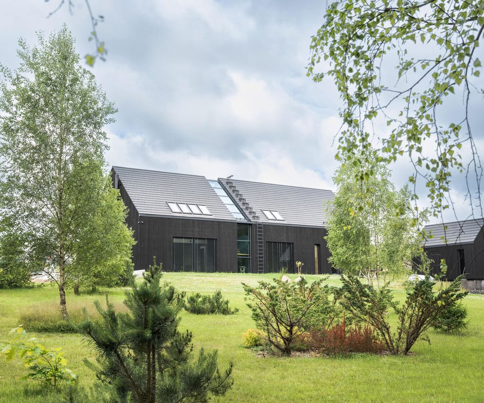 Nowoczesny budynek jednorodzinny w stylu stodoły z ciemnej, opalanej deski, wyróżniający się przeszklonym pęknięciem i oknami dachowymi, otoczony zielonym, sielskim krajobrazem. Ten projekt mgr inż. arch. Karoliny Wernerowskiej można znaleźć na portalu Architektura Murator Plus.