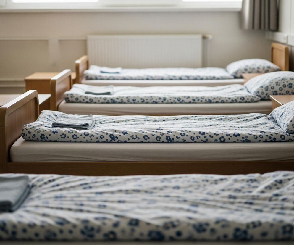 Pomieszczenie wypełniają rzędy łóżek z drewnianymi ramami, ułożone wzdłuż białych ścian. Każde łóżko ma białą pościel z niebieskim, kwiatowym wzorem oraz poduszkę o identycznym wzorze. Na niektórych łóżkach leżą złożone, szare ręczniki, a pomiędzy nimi znajdują się drewniane szafki nocne. W tle widać biały kaloryfer i okno, przez które wpada delikatne światło.