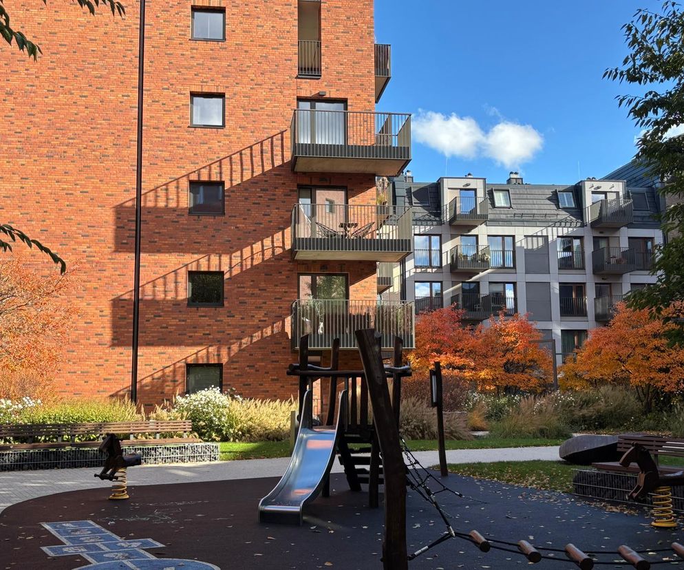 Plac zabaw na gdańskim osiedlu Riverview jesienią, otoczony budynkami z czerwonej cegły i szarą fasadą, z barwnymi drzewami i krzewami. W tle błękitne niebo z chmurami. O kwestiach zieleni na osiedlach przeczytasz na Architektura Murator Plus.