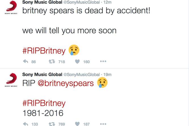 Britney Spears nie żyje - Sony Music Global na Twitterze poinformowało o śmierci wokalistki