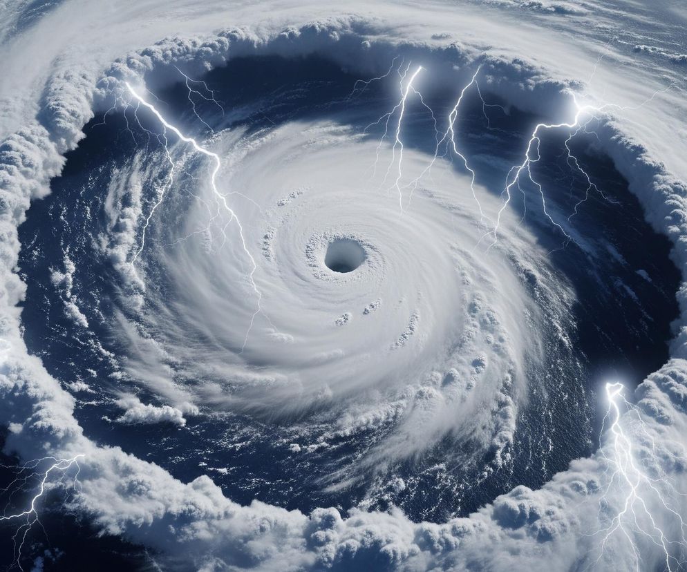Potężny, wirujący system chmur przypominający huragan, z wyraźnym, ciemnym okiem w centrum. Chmury rozciągają się spiralnie na boki, ukazując ciemnoniebieską, falującą powierzchnię wody. Liczne błyskawice przecinają niebo nad wirującymi chmurami, dodając dramatyzmu scenie.
