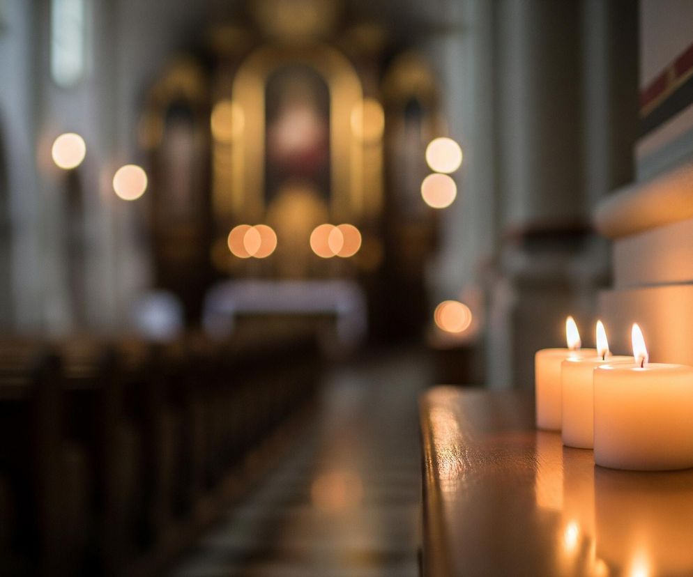 Trzy zapalone, białe świece stoją na ciemnym, drewnianym elemencie wyposażenia kościelnego, prawdopodobnie ławce lub balustradzie, rozświetlając otoczenie ciepłym, pomarańczowym blaskiem. Świece są lekko przysłonięte z lewej strony, z wyraźnie widocznym płomieniem każdej z nich. Tło jest rozmyte, ukazując wnętrze kościoła z rzędami ciemnych ławek po lewej stronie oraz złoty ołtarz lub zdobiony element sakralny w oddali, wokół którego widać jasne, rozmyte światła.