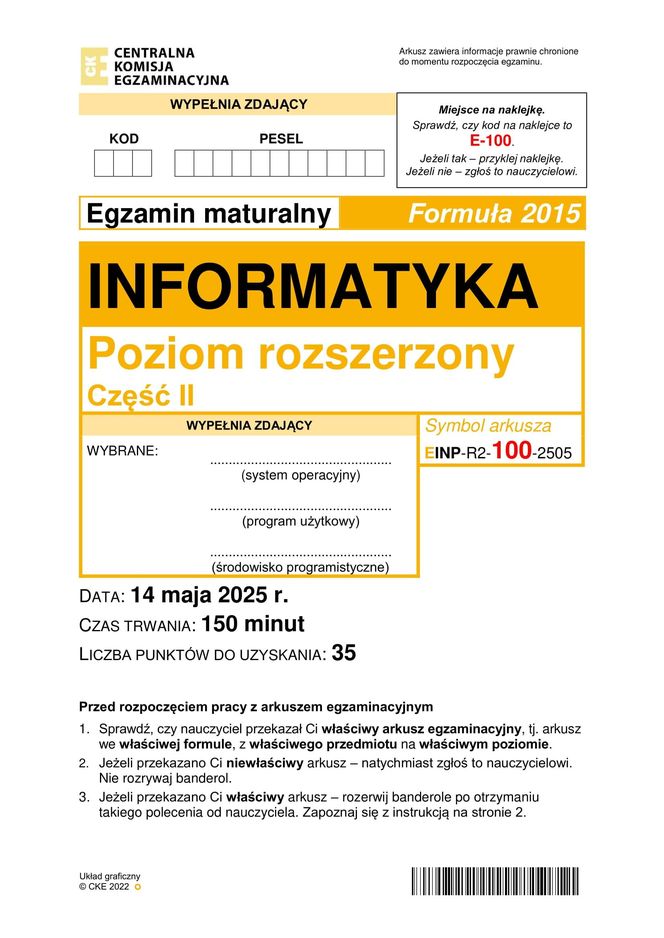 Matura 2025 informatyka rozszerzona - arkusz CKE 14.05.2025 - Formuła 2015
