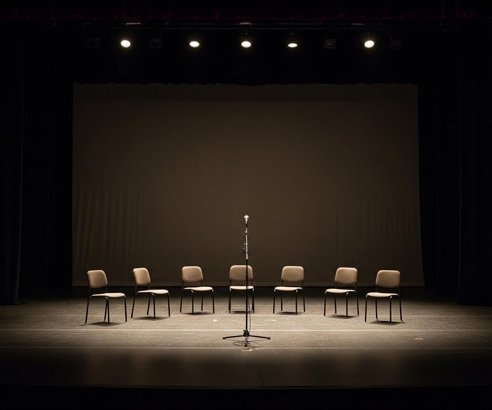 Centralnie na ciemnej scenie teatralnej znajduje się mikrofon na stojaku, a wokół niego ustawionych jest osiem jasnobrązowych krzeseł z ciemnymi, metalowymi nogami, tworząc półokrąg. Tło stanowi duży, jasnobrązowy ekran projekcyjny lub ściana, po bokach której widoczne są ciemne, czarne zasłony. Górną część sceny oświetla rząd reflektorów, z których cztery centralne są włączone, emitując ciepłe, białe światło.