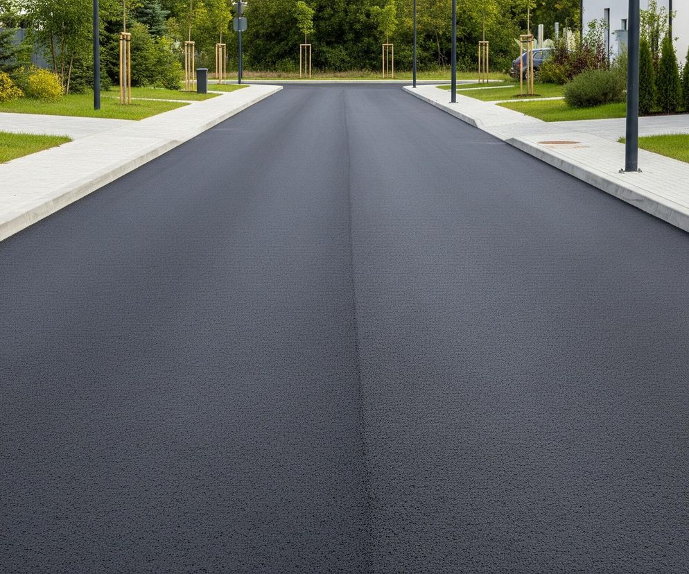 Nowa, ciemnoszara nawierzchnia asfaltowa prostej drogi biegnie przez środek kadru, zbiegając się w dali. Po obu stronach drogi widoczne są szerokie, jasnoszare chodniki z kostki brukowej, oddzielone od asfaltu białymi krawężnikami. Między chodnikami a budynkami oraz drzewami po obu stronach rozciągają się pasy świeżo przyciętej, zielonej trawy. Na trawnikach stoją młode drzewa wsparte na drewnianych palikach oraz słupy oświetleniowe, a w tle widać fragmenty nowoczesnych, białych budynków z szarymi elementami i gęste korony drzew.