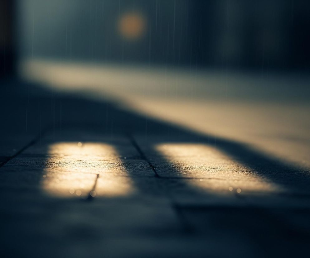 Sfotografowana jest ciemna, mokra nawierzchnia, prawdopodobnie asfaltowa lub brukowa, z widocznymi jasnymi prostokątnymi refleksami światła odbijającymi się od kałuż lub wilgotnych plam. Jasne punkty bokeh są rozrzucone na tych podświetlonych obszarach. W tle widać niewyraźne, ciemne kształty, a w górnej części obrazu znajduje się rozmyte pomarańczowe światło, być może słońce lub lampa.