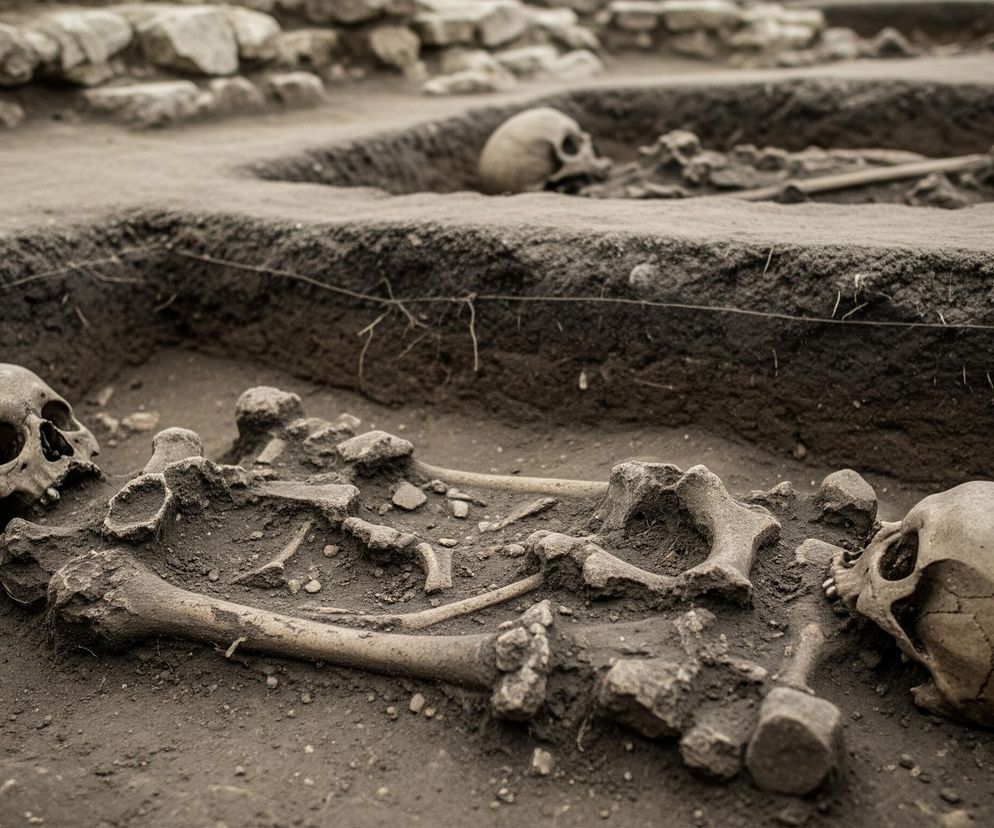 Wykopalisko archeologiczne z licznymi szkieletami w jamach wydrążonych w ziemi. Na pierwszym planie, w centralnej części zdjęcia, leży dobrze zachowany szkielet, na który składa się miednica, kości długie kończyn oraz dwie czaszki, jedna po prawej, druga po lewej stronie, sugerujące układ dwóch pochówków. Kości są częściowo pokryte ziemią i piaskiem, a ich powierzchnia jest popękana i nosi ślady erozji. W tle, na podwyższeniu, widać kolejne, płytsze jamy, w których również znajdują się ludzkie czaszki i szczątki kostne. Cały teren jest pokryty ziemią w odcieniach brązu i szarości, z widocznymi warstwami skalnymi i drobnymi kamykami na górnej krawędzi wykopu.