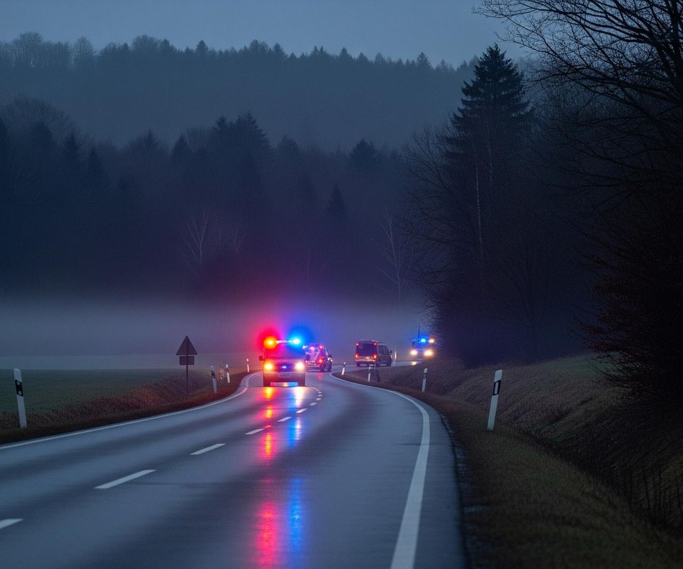 Na krętej, mokrej drodze o zmierzchu widoczne są pojazdy uprzywilejowane z włączonymi, migającymi światłami w kolorach czerwonym i niebieskim, odbijającymi się na czarnej nawierzchni. Po obu stronach drogi rozciągają się pola i ciemne lasy, a w oddali unosi się gęsta mgła. Drogę wyznaczają białe linie i słupki odblaskowe.