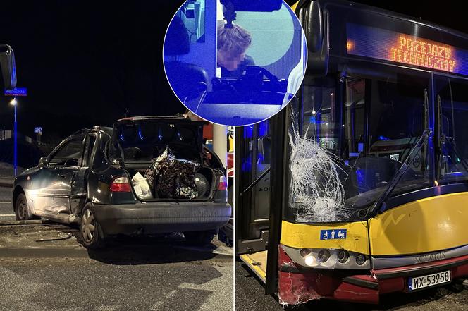 Autobus przeciągnął Lanosa kilkadziesiąt metrów. Poważny wypadek na Białołęce