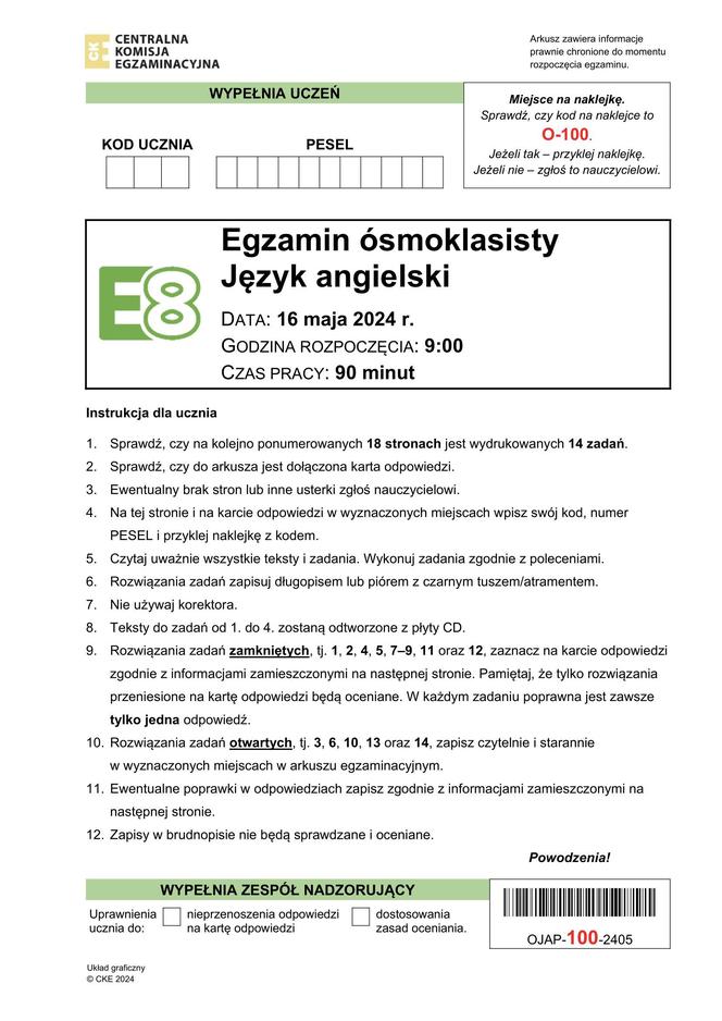 Egzamin ósmoklasisty 2024: język angielski. Zadania, arkusze CKE i odpowiedzi z angielskiego 16.05.2024