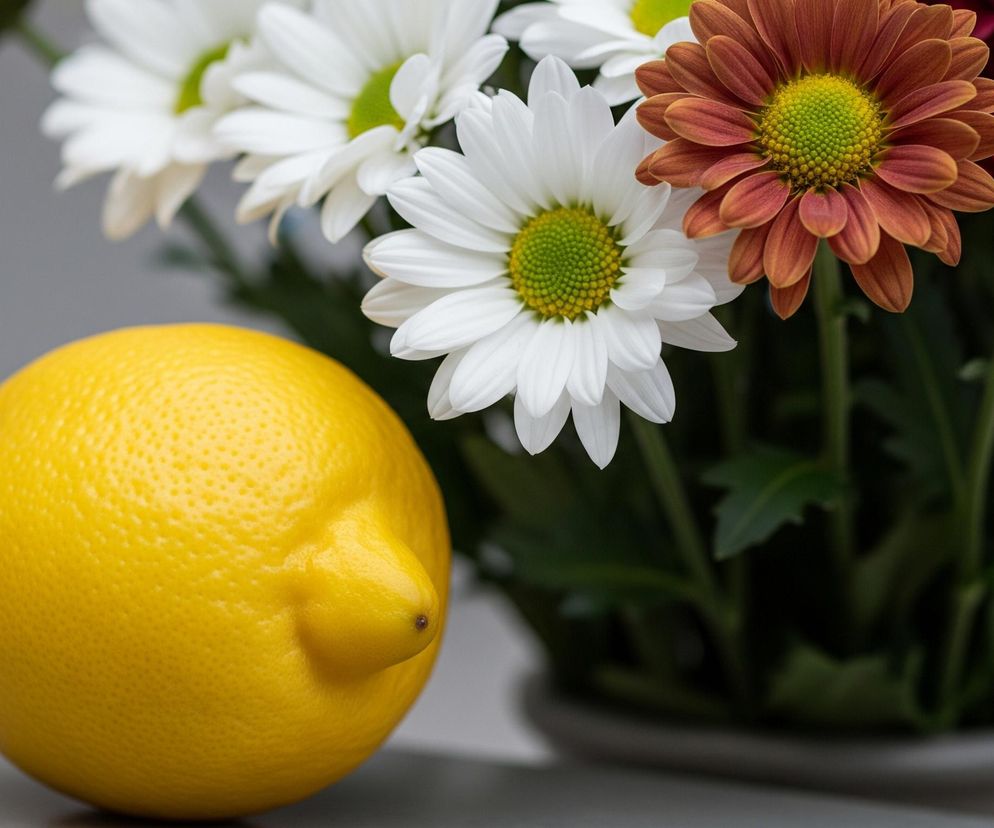 Po lewej stronie kadru znajduje się duża, intensywnie żółta cytryna, o wyraźnie porowatej skórce i charakterystycznym garbku na jednym z końców. Po prawej stronie, w tle, widoczny jest bukiet chryzantem w wazonie, z częściowo rozmazanymi kwiatami. Kwiaty w bukiecie mają płatki w kolorach białym, pomarańczowo-brązowym oraz ciemnoczerwonym, z jasnozielonymi środkami. Tło jest jednolite, w odcieniach szarości, co podkreśla jasne barwy owocu i kwiatów.