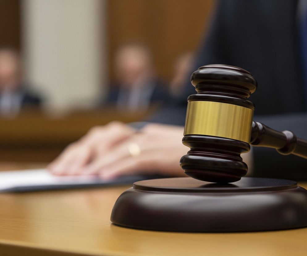 Na pierwszym planie, z prawej strony, leży drewniany młotek sędziowski w ciemnobrązowym kolorze, z charakterystyczną złotą obręczą na obuchu. Spoczywa on na dopasowanej, również ciemnobrązowej podstawie, umieszczonej na gładkim, drewnianym blacie stołu w odcieniu jasnego brązu. W tle widoczna jest niewyraźna postać w ciemnym garniturze i niebieskim krawacie, z ręką spoczywającą na białych dokumentach. Dalsze tło jest rozmyte, ukazując kontury innych osób i elementów wyposażenia pomieszczenia.