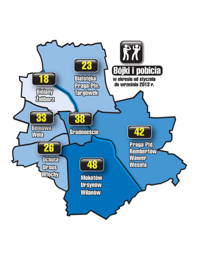 Warszawa - bójki i pobicia (okres od stycznia do września 2013 r.)